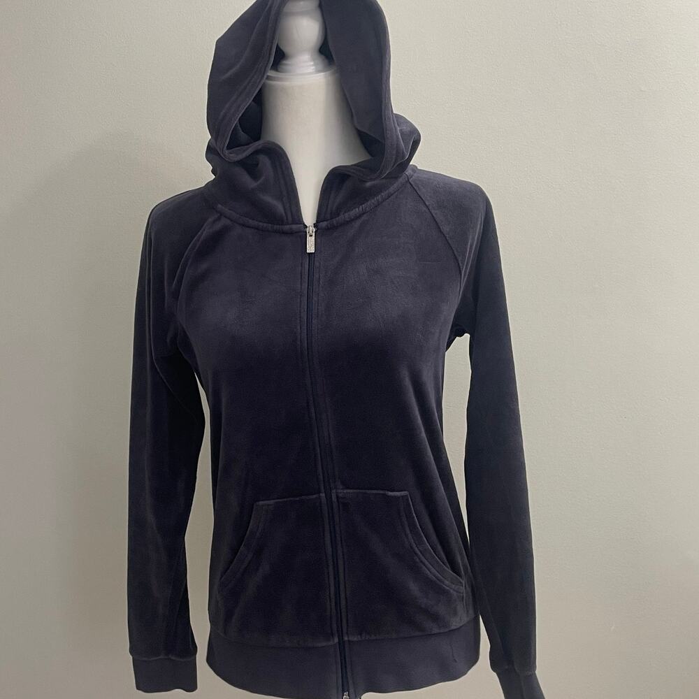 Juicy Couture Y2K Hooded Gray Velour Sweatshirt Size Medium Bling Accent Zipper